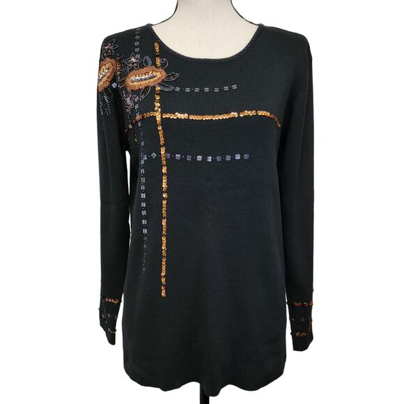 VTG 90s Kikit Sweater Womens M Black Brown Gold Floral Sequin Beaded Embroidered - Picture 2 of 8